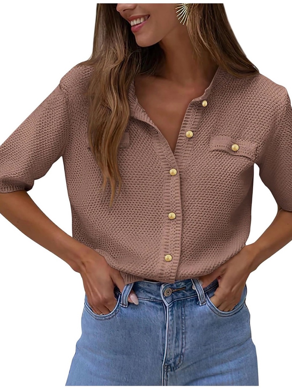 PRETTYGARDEN Tan Short Sleeve Gold Button Knit Cardigan Sweater Top
